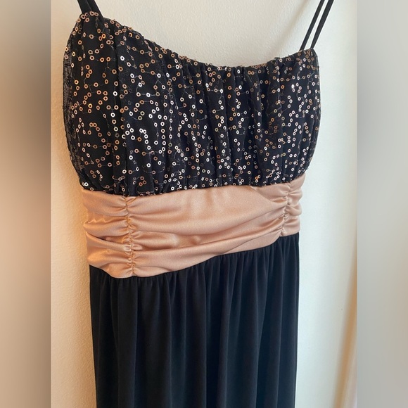 Black Sequin Babydoll Dress Formal Mini Size Medium 2000s Y2K Tie Waist Satin - Picture 2 of 7